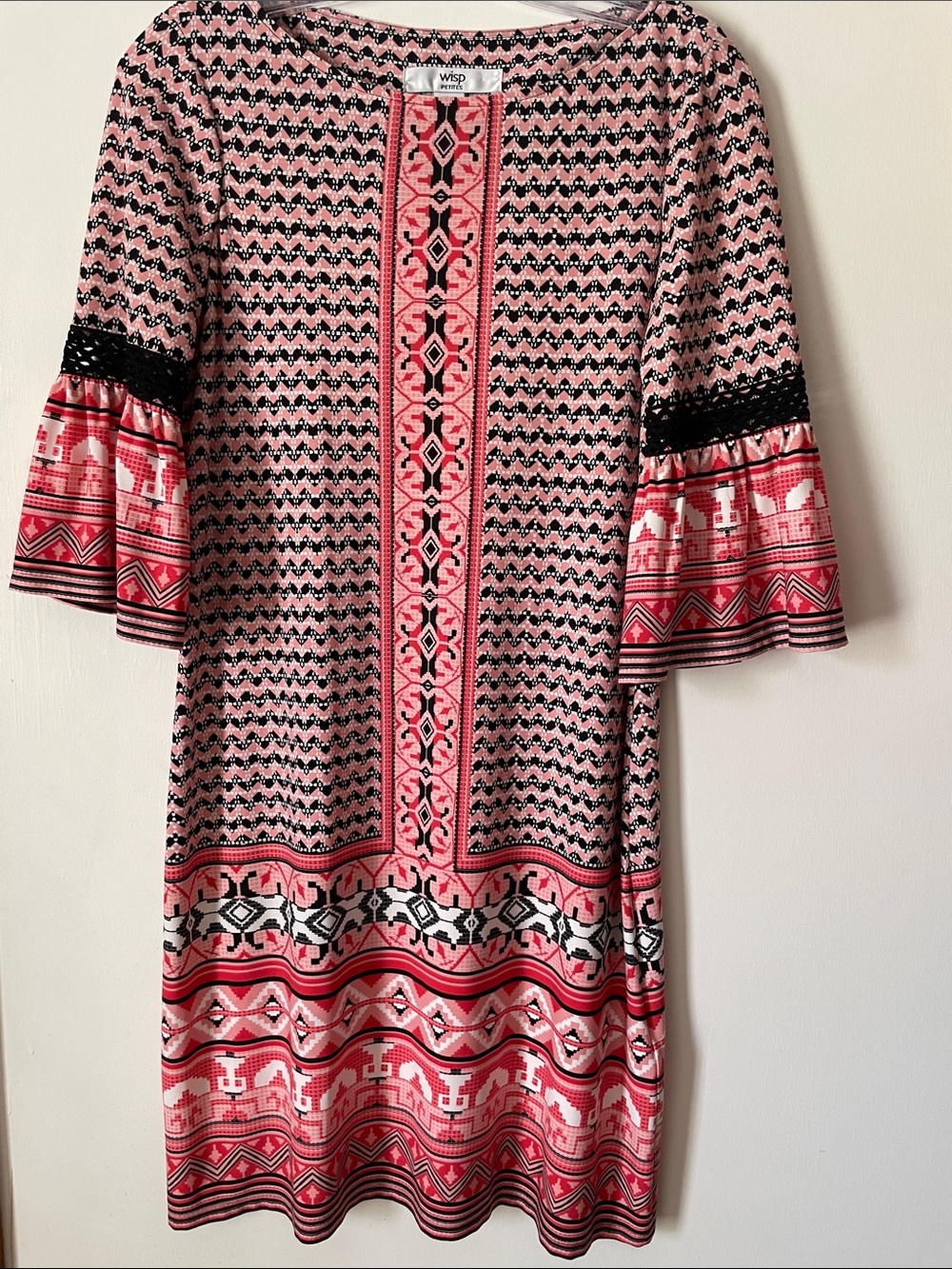 WASP Pink, Black and White Patterned Long Sleeve Shift Dress